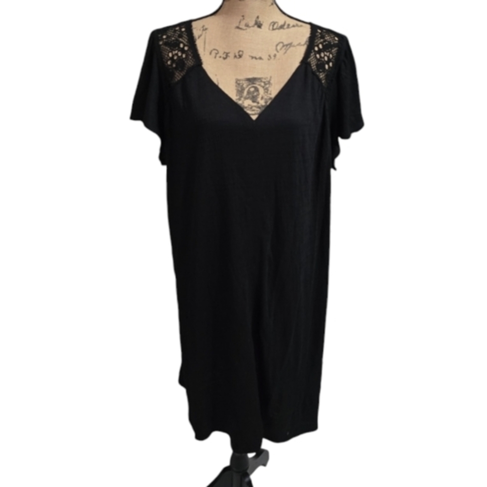 Max Studio Black Crinkle Lace Trimmed Comfy Stretch Dress Plus Size 2X New!!!